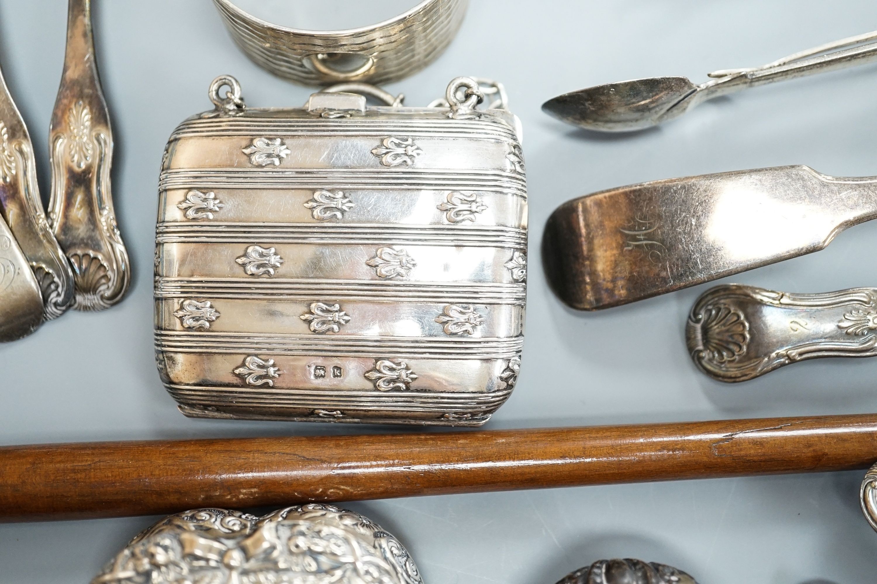 An 18th century silver toddy ladle, with wooden handle(a.f.) and a group of small silver including flatware, napkin ring, scent bottle, repousse box and cover and purse.
